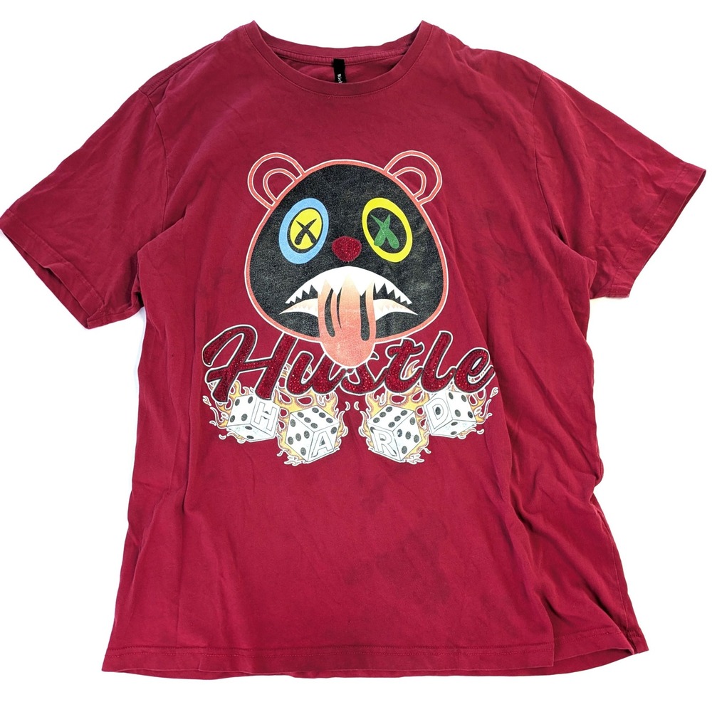 Rich Cotton Hustle Hard Bear Graphic Rhinestone Red T-Shirt XL Streetwear